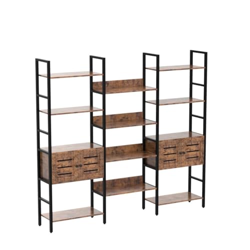 IRONCK Vintage Brown Industrial Bookshelf with Louvered Doors and 5 Tiers - Triple Wide Storage Display Shelf for Home Office and Living Room IRONCK