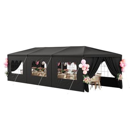 CFATLFRM 10x30 Black Party Tent Outdoor Canopy Waterproof Heavy Duty Wedding Event Tents for Parties with 8 Removable Sidewalls Perfect for Holiday Birthday Gatherings BBQ Backyard Patio CFATLFRM