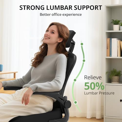 Office Chair Ergonomic Desk Chair, 330LBS Capacity, High Back Computer Chair for Long Hours Comfortable, Rolling Swivel Executive Task Chair for Home Office with Flip-up Armrests, Black Synorla