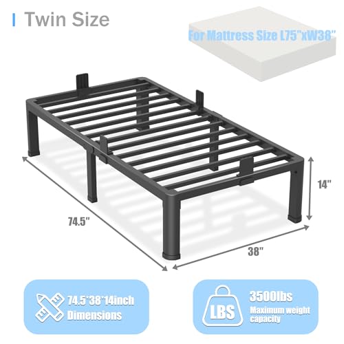 Yitong Angel 14 inch Twin Bed Frame with Round Corner Legs Mattress Slide Stopper,3500 lbs Heavy Duty Metal Platform,No Box Spring Needed,Steel Slat Support,Easy Assembly,Noise Free Yitong Angel