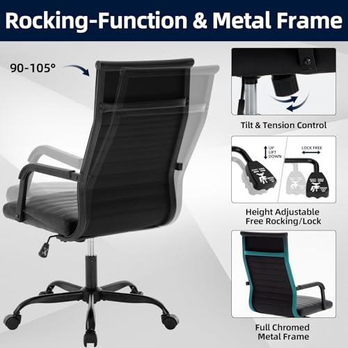 Haranuo Office Chair, Ergonomic Executive Conference Room Chairs, Ribbed Leather Desk Chair with Lumbar Support, Adjustable Height Mid-Back Swivel Chair with Padded Seat and Square Tube Armrests Haranuo