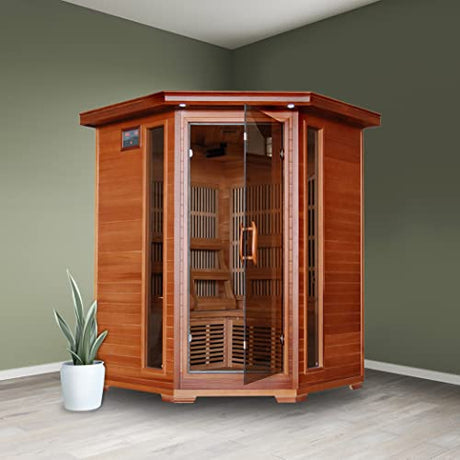Radiant Saunas BSA1312 3-Person Cedar Corner Infrared Sauna w/ 7 Carbon Heaters Blue Wave