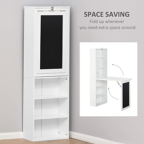 Zentrava Foldable Wall Mounted Desk with Storage Shelves, Fold Out Convertible Computer Table with Blackboard, Folding Writing Table Workstation for Small Spaces,Home Office (White) Zentrava