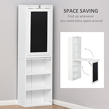 Zentrava Foldable Wall Mounted Desk with Storage Shelves, Fold Out Convertible Computer Table with Blackboard, Folding Writing Table Workstation for Small Spaces,Home Office (White) Zentrava
