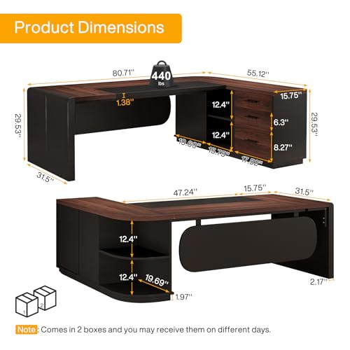 Tribesigns 80'' L-Shaped Desk, Large Executive Office Desk with 55'' Drawers Cabinet, Modern Computer Table with Storage Shelves, Business Furniture for Home Office, Walnut & Black Tribesigns