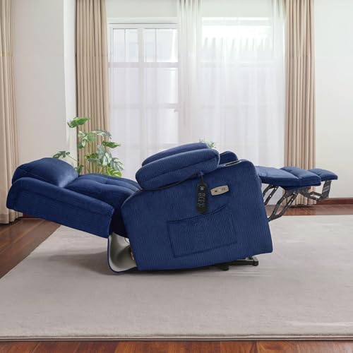 MCombo Lay Flat Triple Motor Power Lift Recliner Chair with Massage and Heat, Electric Recliner Chair for Elderly People, Adjustable Headrest, Infinite Position, Fabric 7662 (Navy Blue, Large)