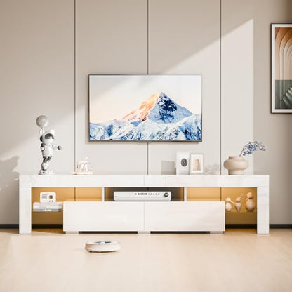 VINGLI LED TV Stand, 71'' Modern Entertainment Center with LED Lights and Storage for 65/70/75/85 Inch TV (White, 71'' x 14'' x 18'')