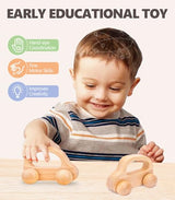 Wooden Baby Cars Toys, Montessori Toys for Babies 0-6-12 Months, Wooden Toys for Toddlers 1-3, Boy Nursery Neutral Nursery Decor Wood Rattle Baby Push Cars TUOWITA