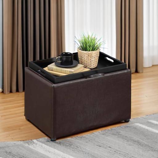 Convenience Concepts Designs4Comfort Accent Storage Ottoman 22.75" - Modern Foot Stool with Decorative Tray for Living Room, Dining Room, Office, Den, Espresso Faux Leather Convenience Concepts