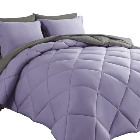 Cosybay Bed in a Bag Queen Reversible Comforter Sets 7pcs All Season Down Alternative Bedding Sets Lavender and Grey with Comforter, Pillow Shams, Flat Sheet, Fitted Sheet and Pillowcase Cosybay