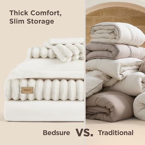 Bedsure Gentlesoft 2-in-1 Queen Comforter Set and Detachable Fluffy Blanket, Cream White Bedding Set for All Season Use, SnapTech Design for Space Saving (Includes 2 Pillow Shams, 2 Pillowcases) Bedsure