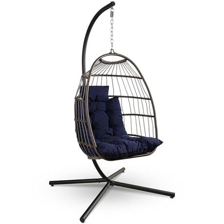 SereneLife Egg Chair with Stand – Hanging Rattan Wicker Swing for Indoor Outdoor Use – 350 lbs Capacity, Breathable Cushion & Headrest – Patio, Balcony, Porch, Bedroom Lounge Furniture SereneLife