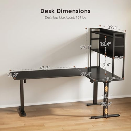 OffiGo L Shaped Electric Standing Desk, 63 Inch Reversible Corner Stand up Table with Hutch, Height Adjustable Ergonomic Large Lift Table for Home Office, Workstation, Black OffiGo