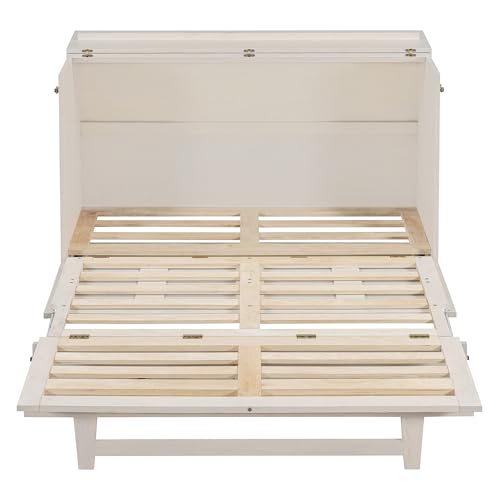 YOPTO Full Size Murphy Bed Chest,Folding Storage Wall Bed with Large Drawers,USB Ports & 2 Three-Prong Outlets,Hidden Cabinet Platform Bed W/Wood Slats Support,for Bedroom,Guest Room,Brushed White YOPTO