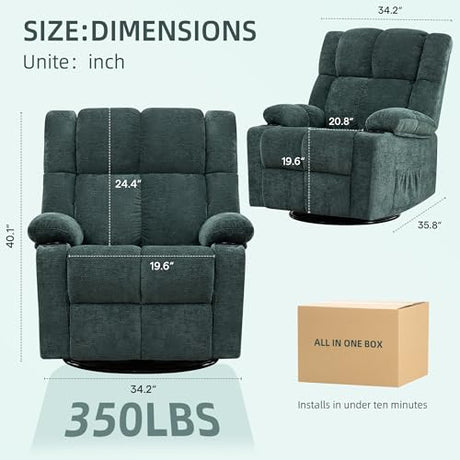Coziture Swivel Rocker Recliner,Rocking Reclining Chair with Adjustable Headrest for Adults,Upholstered Fabric Swivel Recliner Chair for Bedroom,Living Room,Green Coziture