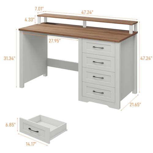 Vabches 47" Farmhouse Executive Desk with Monitor Stand and LED Lights,4 Drawers Computer Desk with Power Outlets,Large Workspace for Work Study Writing.Unique White Vabches