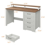 Vabches 47" Farmhouse Executive Desk with Monitor Stand and LED Lights,4 Drawers Computer Desk with Power Outlets,Large Workspace for Work Study Writing.Unique White Vabches