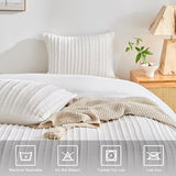 WARMDERN White Boho Duvet Cover Set Queen Size, Striped Textured Tufted Bedding Set, 3 Pcs Ultra Soft Washed Microfiber with Zipper Closure (Queen, White) WARMDERN