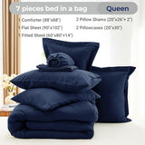 MUXHOMO 7 Pieces Queen Comforter Set, Soft Bed in a Bag Queen Size, All Season Bedding Set with Comforter, Flat Sheet, Fitted Sheet, Pillowcases & Shams, Navy Blue MUXHOMO