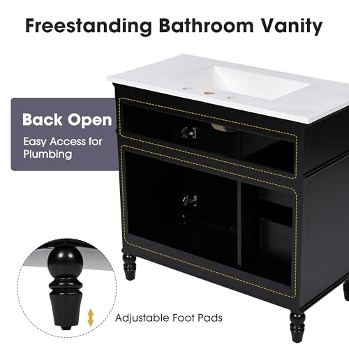 36" Bathroom Vanities with Ceramic Sink, Storage Cabinet with 2 Doors and 2 Drawers, Vintage Legs, Solid Wood & MDF Board, Black Merax