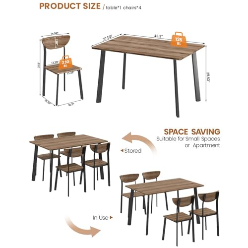 furlinkhm Kitchen Dining Table Set for 4, Modern Rectangular 5 Piece Dining Room Table and Chairs Set, Brown Wooden Metal Table Set for Family Dinner, Party, Afternoon Tea and Work (Curved Moon) furlinkhm
