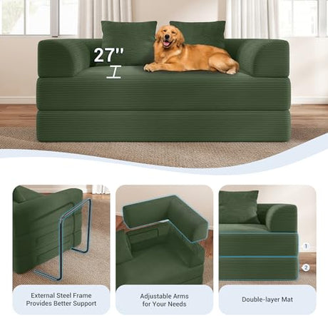 Cloud Boneless Convertible Floor Sofa Bed, 70" 4-in-1 Foldable Compressed Loveseat Lounge Sleeper 2 Seater Couches, High-Density Sponge & Corduroy Fabric Futon Daybed for Living Room Bedroom(Green) Living&Giving