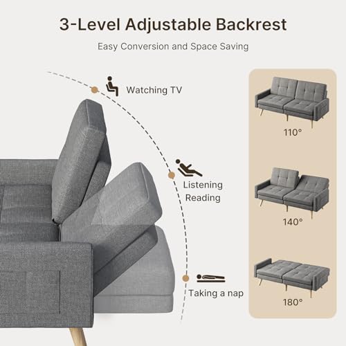 Gizoon Futon Sofa Bed, 70.9" Futon Couch with Adjustable Backrest, Removable Armrest for Extended Length, Mid Century Modern Loveseat for Living Room, 6 Wood Legs, 2 Metal Support Rods, Dark Grey Gizoon