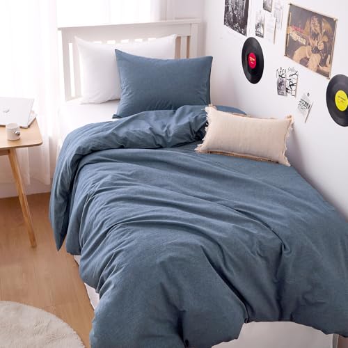 Wake In Cloud - Cotton Duvet Cover Set, Twin Size, Chambray Denim Blue, 100% Washed Cotton, Linen Like Textured, Breathable Percale Durable Comfy Farmhouse Neutral Bedding Set, 3 Pieces Wake In Cloud