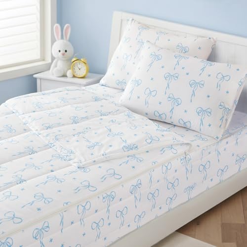 Bildenly Bow Zipper Bedding Twin for Girls, Bed in a Bag, Comforter Set White - Light Blue Bow Quilt with All-in-One Zipper Design, Cute Bow Quilt Set for Girls & Boys Bildenly