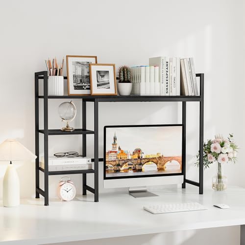 Snughome Desk Shelf, 38.6" Desk Hutch for Computer Monitor, Desktop Organizer Shelf, 4 Tier Desk Display Rack, Wood Desktop Bookshelf Storage Rack for Home Office Dorm, Black Snughome