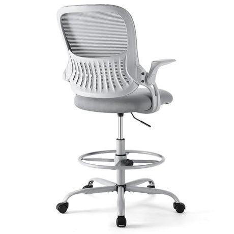 DUMOS Drafting Chair for Standing Desk, Counter Height Adjustable, Flip-up Arms, Ergonomic Mid Back Mesh Rolling Work Swivel Office Computer Chairs with Wheels, Grey DUMOS