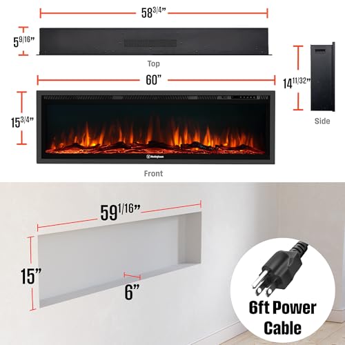 Westinghouse 60 Inch Electric Fireplace Heater, Compatible with Alexa & Google Home, Wall Mount or in-Wall Recessed Fireplace Insert, 24 Hour Timer, Color Changing Flames, 750W/1500W Indoor Heater Westinghouse