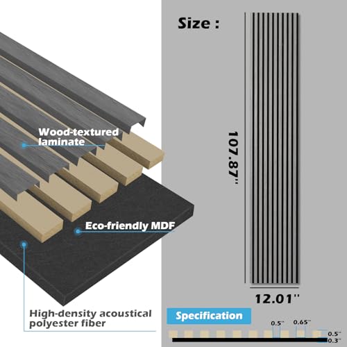 Art3d 2-Pack 108" x 12" Acoustic Wood Panels for Wall, Soundproof Wood Slat Panel for Wall and Ceiling, 3D Fluted Sound Absorbing Paneling for Interior Wall Decor, Living Room, Bedroom - Smoky Oak Art3d