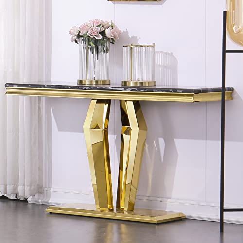 ACEDCOR Modern Console Table, Rectangular Living Room Entryway Table with Mirrored Geometric Base, Black Gold ACEDÉCOR