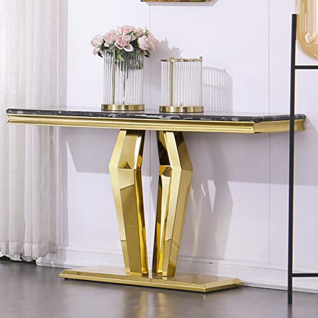 ACEDCOR Modern Console Table, Rectangular Living Room Entryway Table with Mirrored Geometric Base, Black Gold ACEDÉCOR