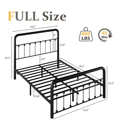 Fluest 14 Inch Full Bed Frame Classic Metal Platform Bed Frame with Charging Station & LED, Victorian Style Iron-Art Headboard/Footboard, Under Bed Storage, No Box Spring Needed, Noise Free Fluest