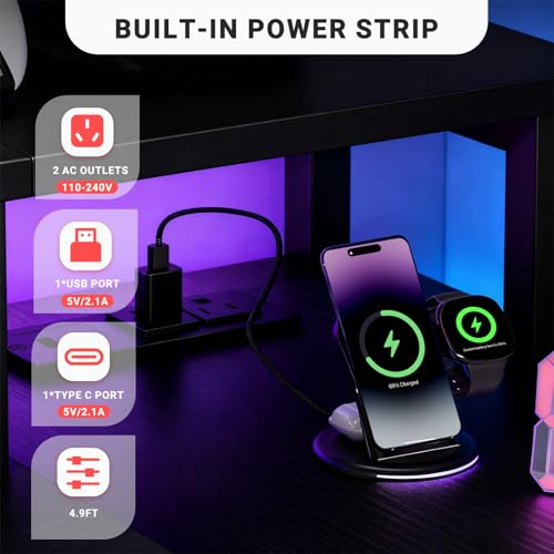 Simple Deluxe 47-inch L-Shaped Gaming Desk with LED Lights & Power Outlets, Reversible Corner Computer Desk with Monitor Riser, Drawer & Shelves, for Home Office, Black Simple Deluxe