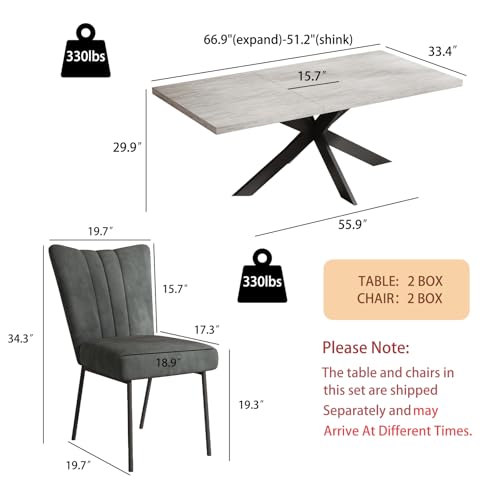 ZckyCine 6-Piece Extendable Dining Table Set, Modern 51''–67'' Grey Wood Table with 6 Black Fabric Chairs, Dining Room Table and Chairs for 6, Ideal for Kitchen or Dining Room ZckyCine