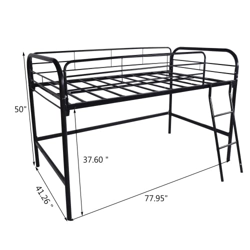 Majnesvon Metal Low Loft Bed Twin Size with Sturdy Steel Frame, Twin Loft Bed Frame with Ladder and Safety Guardrails, Storage Space Under The Bed for Kids, Toddlers, Teens (Black) Majnesvon