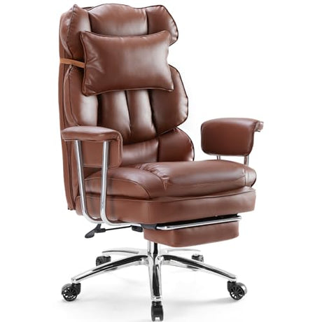 Sweetcrispy Executive Home Office Desk Chair - Ergonomic Big Tall High Back with Footrest & Lumbar Support, Reclining Height Adjustable, Comfy PU Leather Computer Gaming with Swivel Wheels, Brown Sweetcrispy