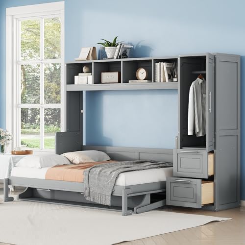 Merax Full Size Murphy Bed, Wall with Closet and Drawers, Storage Space Saving Muti-Functional Beds Frame for Home Office Guest Room, Gray Merax