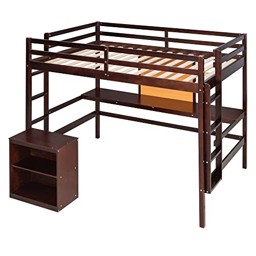 DEYOBED Espresso Wooden Twin Size Loft Bed with Desk, Writing Board, and Drawers