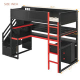 RUNNA Full Size Wooden Gaming Loft Bed with Storage Stairs, Desk, Shelves & Pegboard, Space-Saving Esports Style for Teens & Adults (Black+Red-3) RUNNA