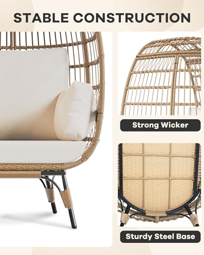 GarveeLife Oversize Rattan Egg Chair Indoor/Outdoor Wicker Egg Basket Lounge Chair Egg-Shaped Chair w/Steel Frame Stand and 4 Cushions for Patio, Porch, Beige GarveeLife