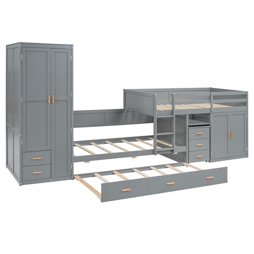 YOPTO Twin Size Bunk Bed with Trundle,Wardrobe,Desk,2 Cabinets and 5 Drawers,Multifunctional Wood Bed Frame W/Integrated Ladder,Safety Guardrails & Slats Support,Easy Assembly,for Kids,Teens,Gray YOPTO
