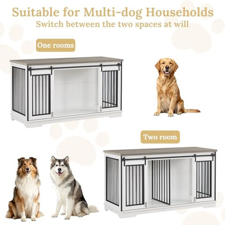 Rovibek 60inch Double Dog Crate Furniture, Wooden Dog Kennel Furniture TV Stand for 2 Dogs with Divider, Large Medium Small Dogs Indoor White Rovibek