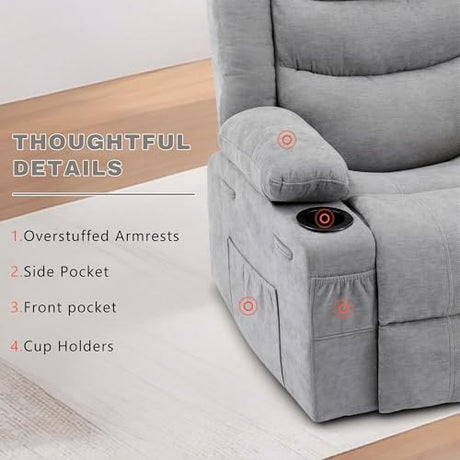 GAOHAPPY Swivel Rocker Recliner Chair, Manual Recliner Single Sofa with Cup Holders and Side Pocket, Chenille Fabric, Upholstered Nursery Rocking Chair for Living Room, Bedroom, Grey GAOHAPY