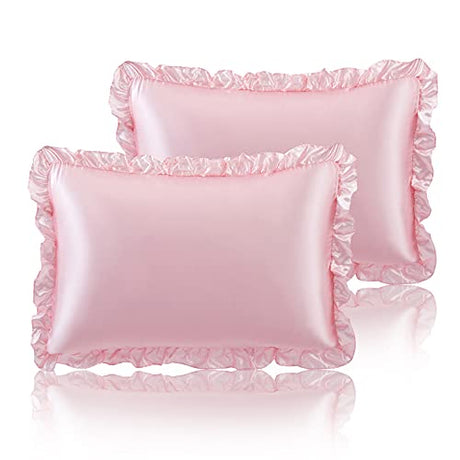 SiinvdaBZX Ruffled Queen Satin Pillowcase Set of 2, Blush Pink Silky Satin Pillow Cases for Women Ruffle Pillow Shams Covers Princess Room Decoration, with Envelope Closure SiinvdaBZX