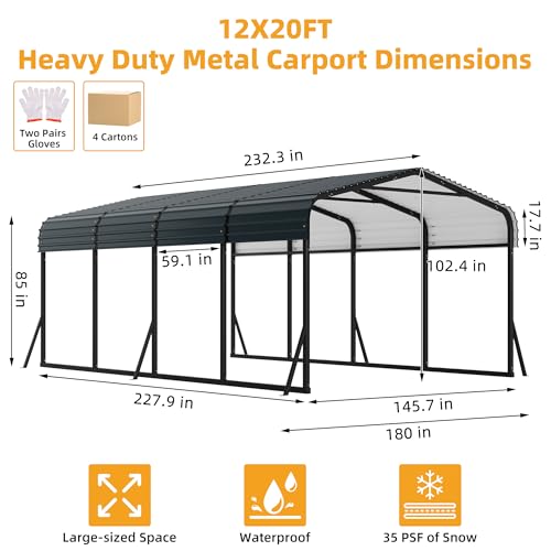 GarveeLife 12x20 ft Carport, Metal Carport with Galvanized Steel Roof and Reinforced Base, Heavy Duty Garage Car Shelter Shade, Outdoor Car Port Canopy for SUV, Truck, Boats GarveeLife