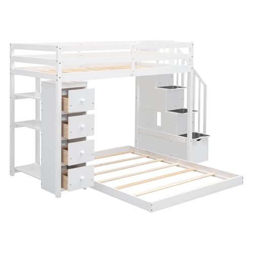 Merax Twin Over Full Bunk Bed Wood Frame with 3-Layer Shelves,4 Drawers and 3 Storage Stairs for Boys and Girls,Grey Merax